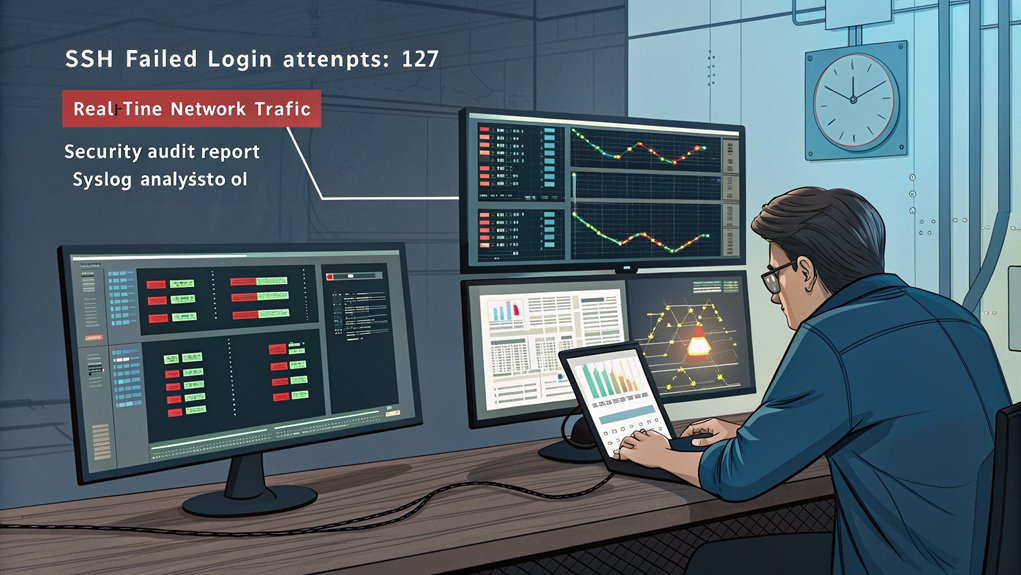 A realistic image depicting a workstation with multiple monitors showing log files, security dashboards, and terminal windows running on a Raspberry Pi. The setup includes network cables connected to the Pi with blinking LEDs indicating activity. A cybersecurity professional is analyzing suspicious patterns in the logs. 