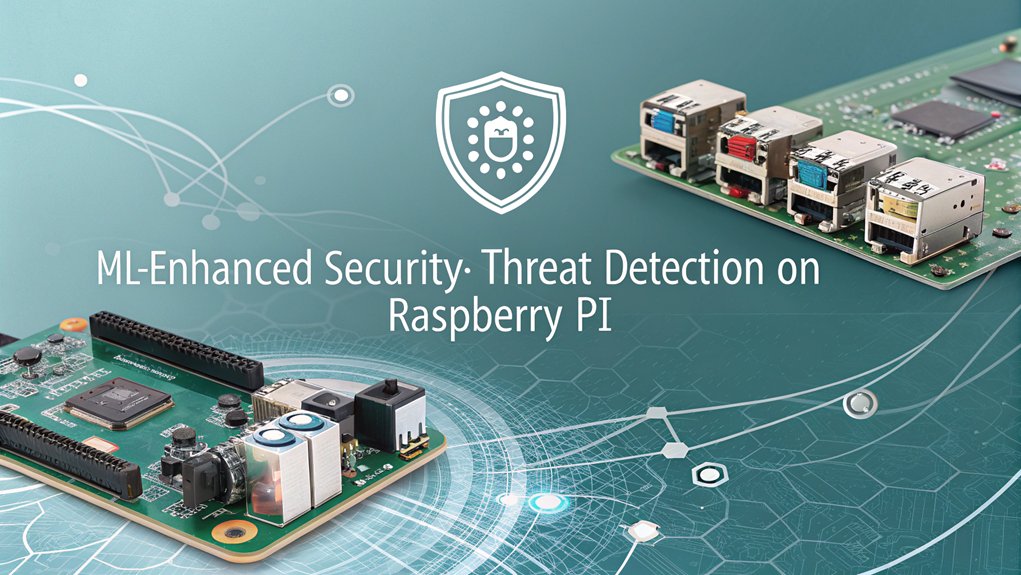 A realistic image showcasing a Raspberry Pi board with attached security modules, surrounded by digital protection shields and machine learning algorithms visualized as flowing patterns. The device monitors IoT traffic with real-time threat detection interfaces displayed on a small connected screen in a modern tech environment.