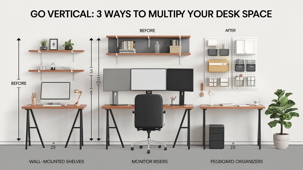 An infographic showing a small desk transformed with vertical storage solutions. Include wall shelves, monitor stands, and pegboards to maximize workspace. Show before/after comparison demonstrating decluttered surface area. Use clean, minimalist design with measurements to arrange a desk for small home office setup.