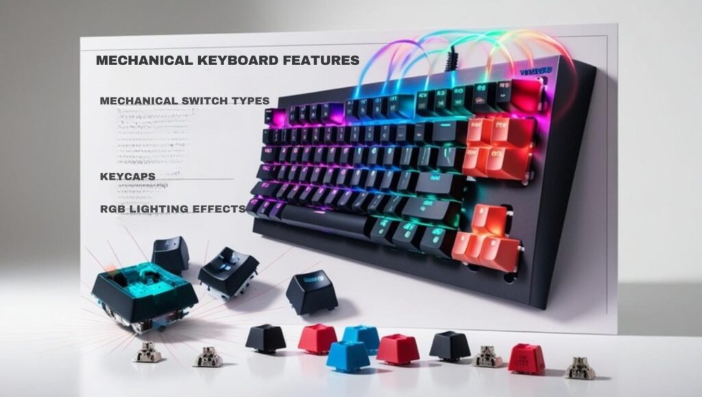 Detailed diagram of mechanical keyboard features and terminology showing switch types, keycaps and actuation points for gamers