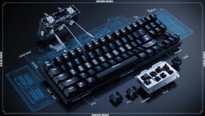 Exploded view diagram of gaming mechanical keyboard anatomy showing switches, PCB, keycaps and internal components