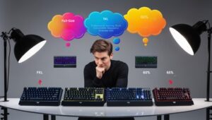 "Gamer choosing the right gaming keyboard by comparing different sizes, switch types and features for their specific gaming needs. This Mechanical Keyboard Guide for gaming gives you what you need to decide