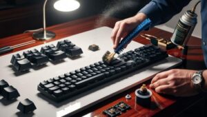 Essential mechanical keyboard maintenance steps showing cleaning, keycap removal and switch lubrication for extending keyboard lifespan