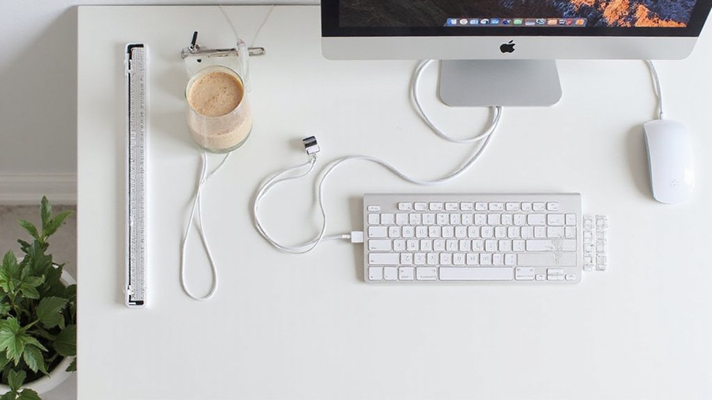 A realistic image showcasing a minimalist desk setup with elegant cable management solutions. Clean white desk with a monitor, keyboard, and mouse. Hidden cable clips, sleek cable trays, and cord organizers neatly route wires out of sight. Soft natural lighting highlights the clutter-free workspace.