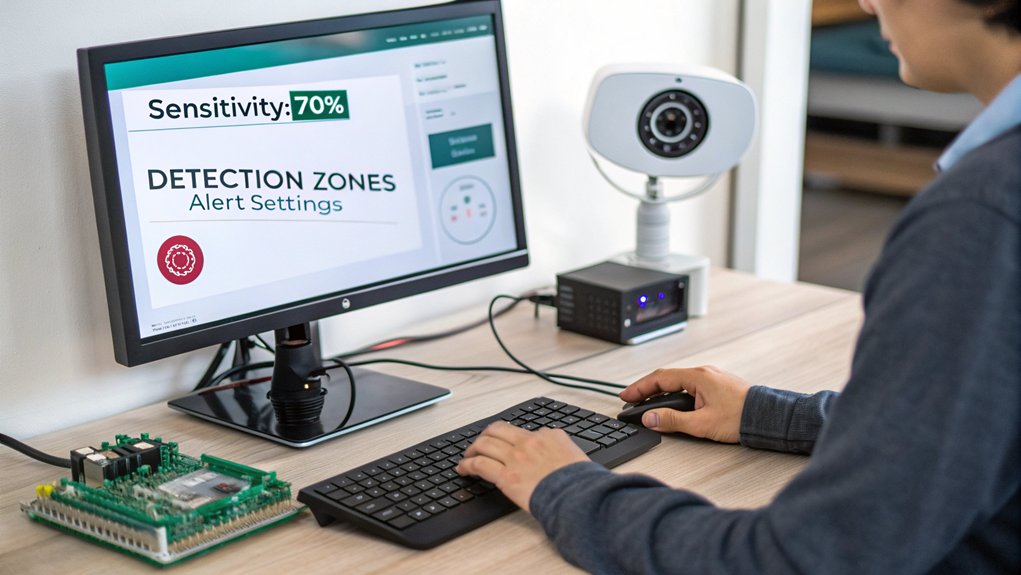A realistic image of a person configuring motion detection settings on a computer screen connected to a Raspberry Pi home security camera. The screen displays a configuration interface showing detection zones and sensitivity sliders. A Raspberry Pi with camera module sits nearby on a desk.