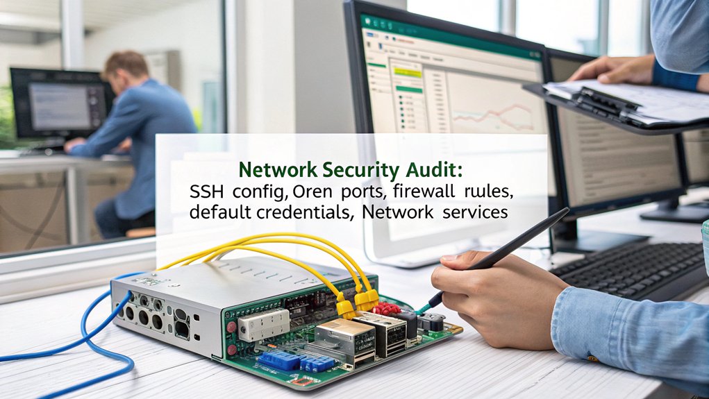 A realistic image showing a Raspberry Pi device connected to a network switch, with network cables and a security checklist visible. A person is performing an audit with networking tools displayed on a monitor showing SSH connections, firewall rules, and port scanning results. The environment is a professional IT desk with technical equipment.  