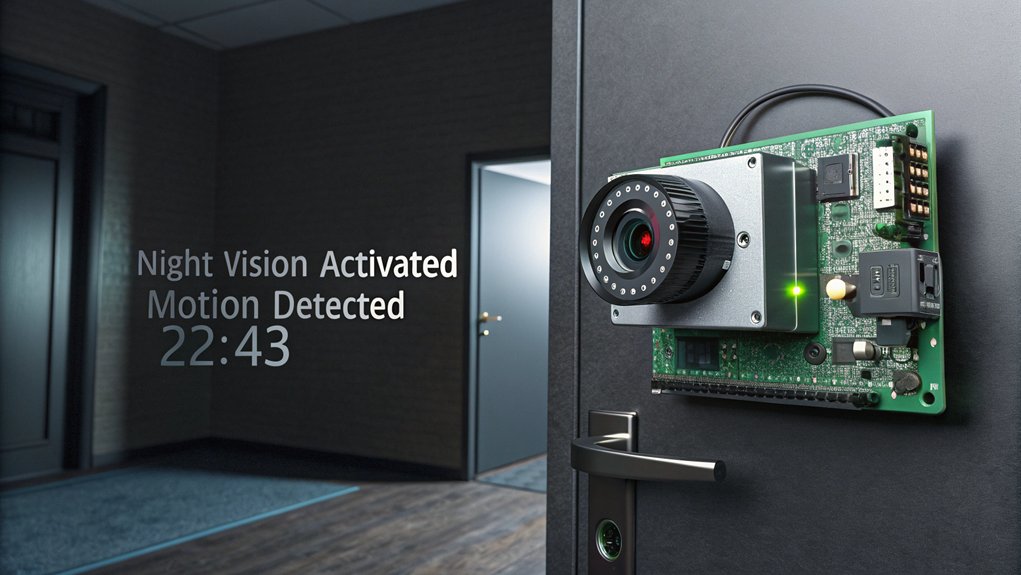A realistic image of a Raspberry Pi camera module with an infrared LED ring installed around the lens, mounted inside a dark room with visible night vision capabilities showing a green-tinted surveillance feed on a nearby monitor. The setup displays clear vision in near-darkness while detecting movement by a doorway.