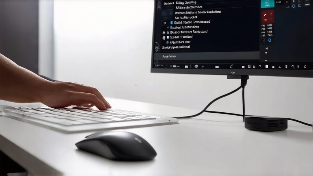 A realistic image of a person configuring an Android mini PC connected to a large monitor, wireless keyboard and mouse on a desk. The setup shows display settings menu open with resolution options visible. Natural lighting highlights the crisp display quality and ergonomic workspace arrangement.