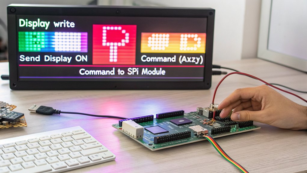 A realistic image of a Raspberry Pi connected to a colorful SPI display showing Python code execution. The display shows vibrant graphics while a programmer's hands type on a keyboard nearby. Circuit connections between Pi's GPIO pins and display module are clearly visible with proper wiring.