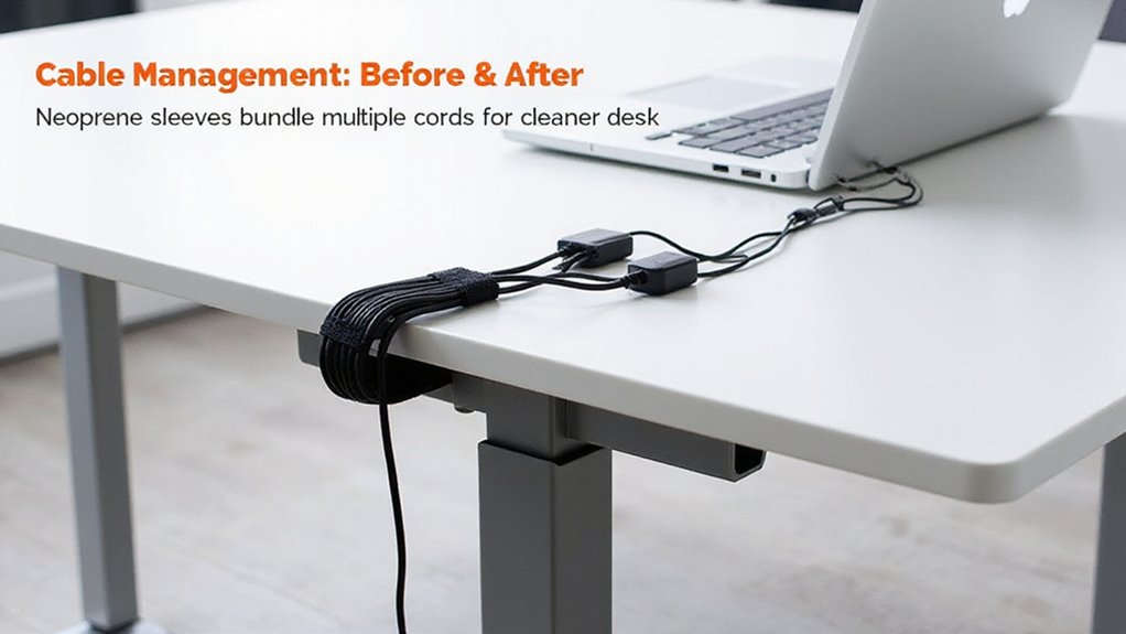 :A realistic image of a clean, modern desk with black neoprene cable sleeves bundling multiple cords together. The sleeves run neatly along the desk edge and down to the floor, creating a streamlined, organized workspace. Close-up shows how multiple cables fit inside the sleeve.