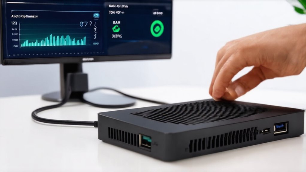 pA realistic image of a mini PC running Android OS with performance monitoring tools displayed on a connected monitor. A person's hand is adjusting settings while CPU/RAM usage graphs show optimization. The compact setup sits on a clean desk with cooling system visible.