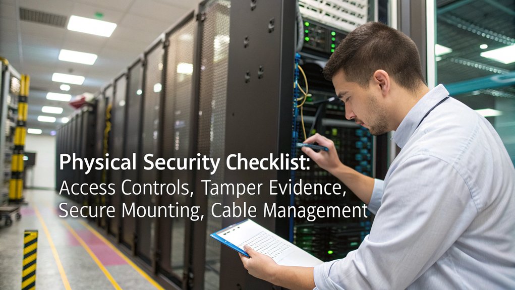 A realistic image of a security professional conducting a physical security audit with a Raspberry Pi system. The scene shows a data center with server racks, visible access control systems, and the auditor documenting findings on a clipboard checklist while examining exposed cables and ports on a Raspberry Pi setup. 