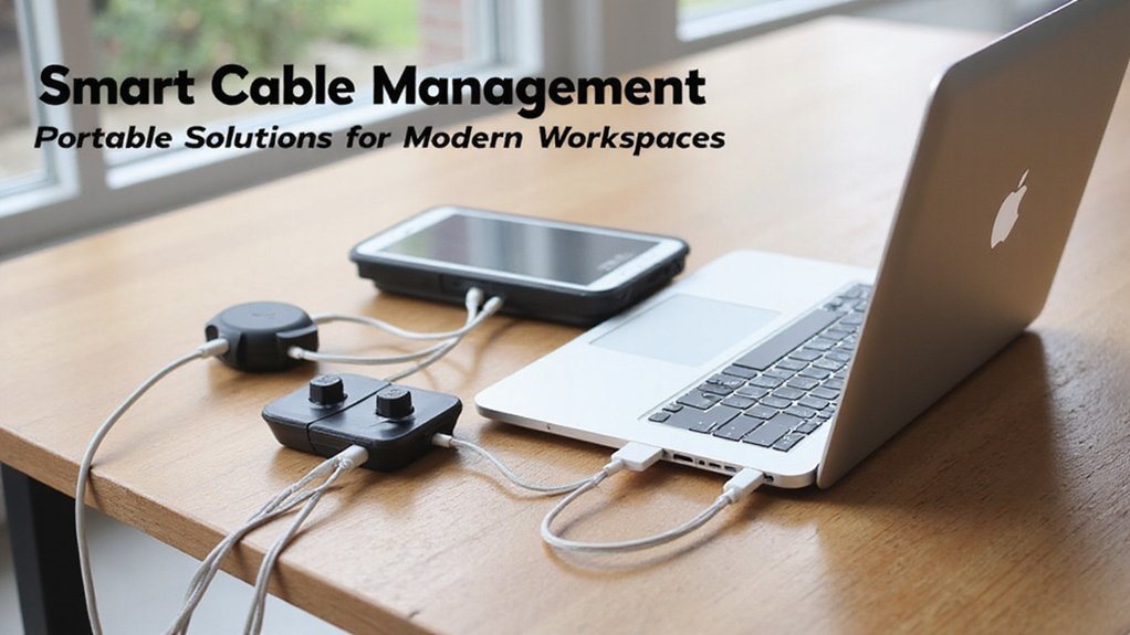A realistic image of portable cable organizers for flexible work setups, showing sleek, minimalist cable clips, cord wraps, and a compact charging station on a modern wooden desk. Natural light illuminates the organized cables connecting laptop, tablet, and phone in a stylish home office environment.