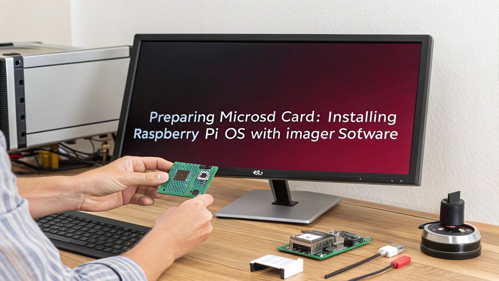 A realistic image of a person's hands inserting a microSD card into a computer's card reader, with a Raspberry Pi board and security camera components visible on a desk. This is the first step when building a Raspberry Pi Home Security Camera. The Raspberry Pi Imager software is displayed on a computer monitor showing the OS selection screen.