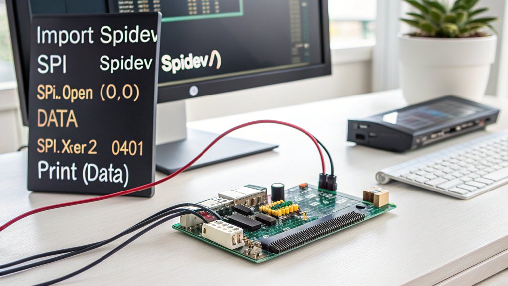 A realistic image showing a Raspberry Pi connected to an SPI device with jumper wires on a clean workspace. Python code for SPI communication is visible on a computer monitor nearby. The setup appears in natural lighting with components clearly labeled.