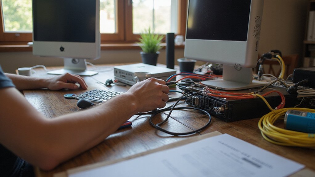 A realistic image showing a person in a home office environment carefully inspecting computer cables during a scheduled quarterly maintenance check. The desk is well-organized with labeled cable management solutions, color-coded wires, and a maintenance checklist. The lighting is natural and warm.
