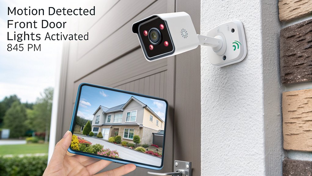 A realistic image of a Raspberry Pi security camera mounted on a wall, connected to a smart home hub. A smartphone displays camera feed with motion alerts. Smart lights illuminate in response to detected movement. Home automation dashboard visible on a tablet nearby.
