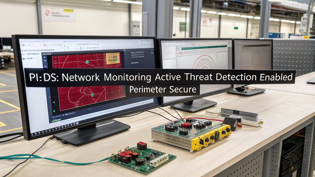 A realistic image of a Raspberry Pi connected to motion sensors and cameras on a workbench, with multiple security screens displaying network traffic and alerts, code showing Snort rules visible on a monitor, and a red LED indicating intrusion detection.
