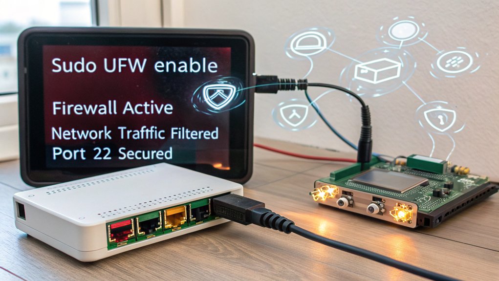 A realistic image showing a close-up of a secure Raspberry Pi connected to a network with terminal screen displaying firewall configuration commands. Security icons and shields appear as holographic overlays around the device. Network cables connect to a small router with activity lights.