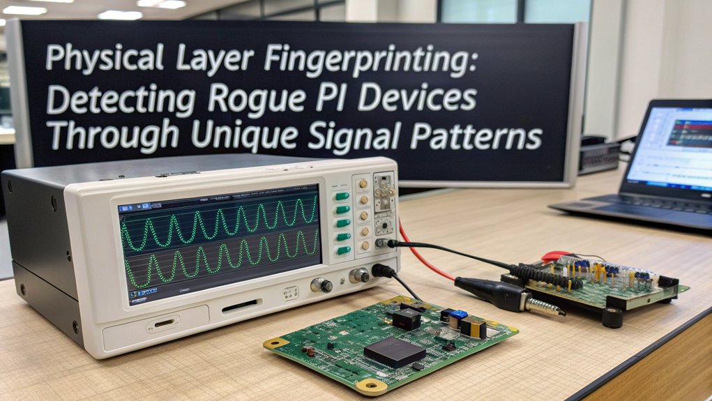 :A realistic image of a security lab workspace with a Raspberry Pi connected to monitoring equipment displaying unique hardware waveform patterns. The oscilloscope shows distinctive electrical signatures being analyzed by cybersecurity software to identify unauthorized devices.