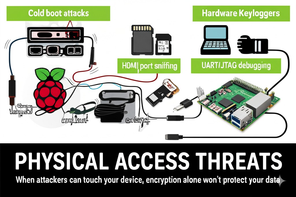 An infographic illustrating physical access vulnerabilities that bypass encryption on Raspberry Pi IoT devices. Show visual examples of: cold boot attacks, hardware keyloggers, HDMI port sniffing, SD card cloning, and UART/JTAG debugging access points.