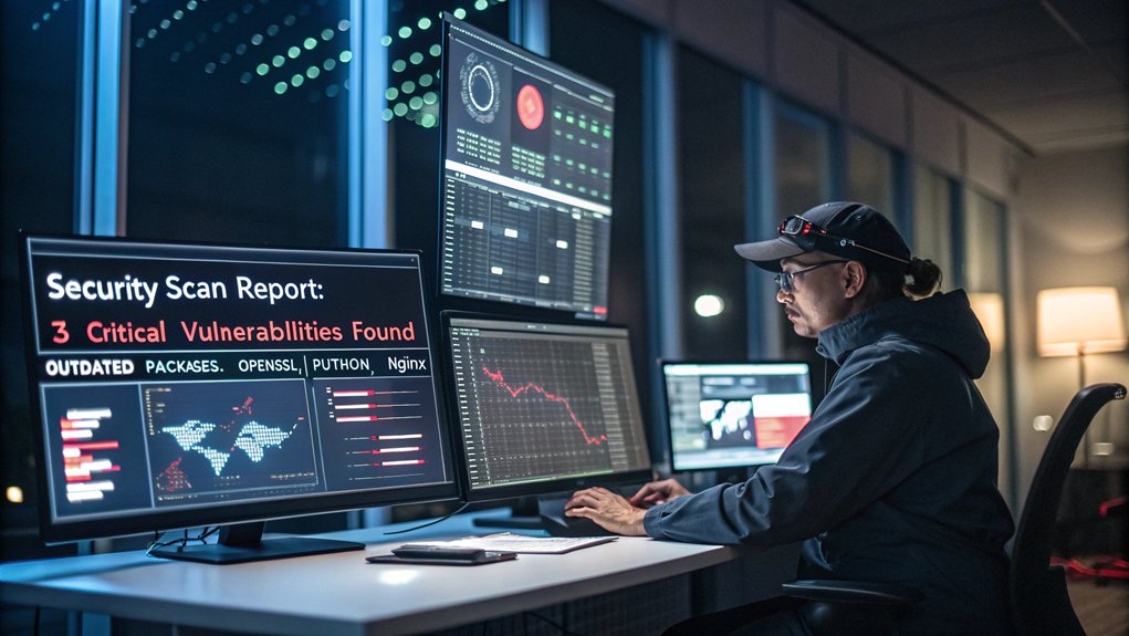 :A realistic image depicting a security professional conducting a software inventory and vulnerability assessment on a Raspberry Pi in a dimly lit office. Multiple screens display scanning results, highlighting CVE numbers and potential vulnerabilities in installed packages. The Raspberry Pi has LED indicators glowing.