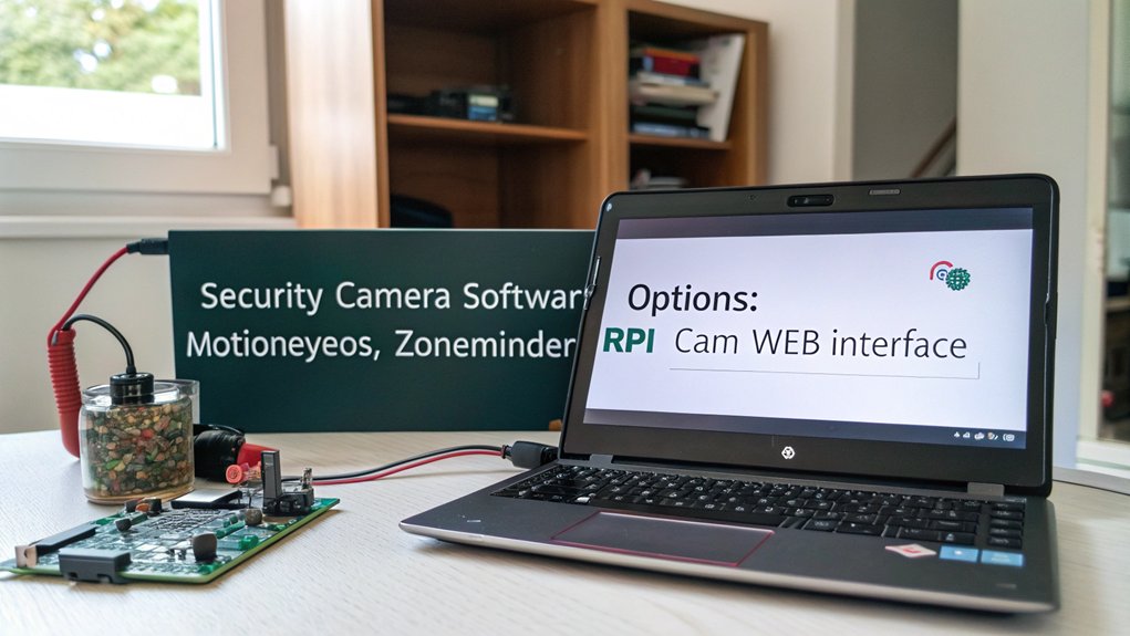 A realistic image of a laptop screen displaying Raspberry Pi security camera software installation interface with options like MotionEyeOS, ZoneMinder, and RPi Cam Web Interface. On the desk: Raspberry Pi, connected camera module, and notes showing step-by-step setup instructions in a home office setting.