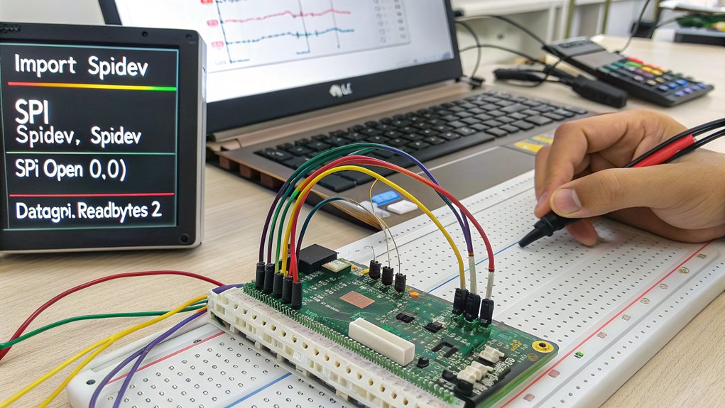:A realistic image of a Raspberry Pi connected to SPI sensors on a breadboard with colorful jumper wires. A monitor displays Python code for reading sensor data. A hand uses a keyboard to run the script while an oscilloscope shows SPI signals.