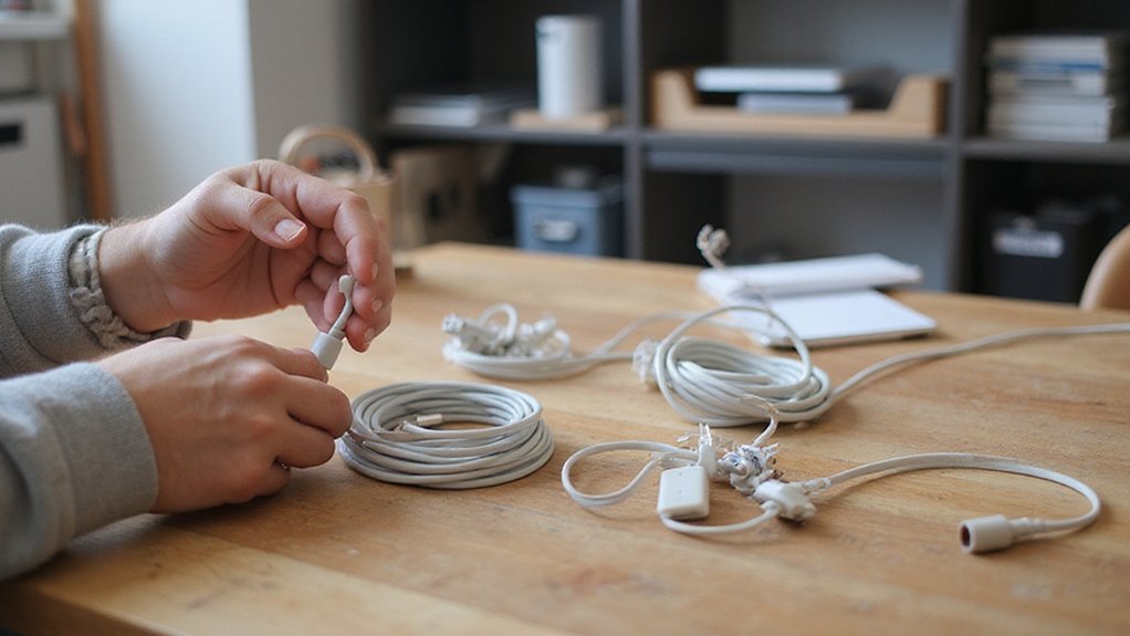 A realistic image of a person organizing cords at a neat home workstation, using cord organizers, cable clips, and velcro ties. They're coiling a charging cable properly using the over-under technique with soft natural lighting showing the organized setup. The background reveals a tangle-free electronics area with labeled storage solutions.