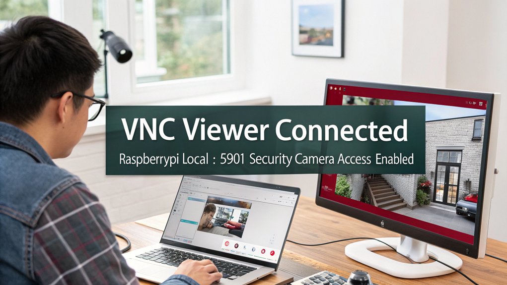A realistic image showing a person setting up a VNC connection on a laptop displaying a Raspberry Pi desktop interface with a security camera feed visible in a small window. The setup occurs in a modern home office with networking equipment visible.