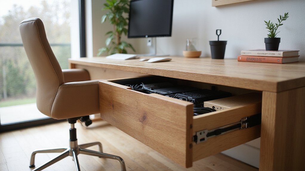 :A realistic image showcasing a sleek wooden desk with hidden compartments seamlessly integrated for cable management. The desk features discreet cable ports, elegant routing channels, and concealed power strips within dedicated drawers, creating a completely clutter-free workspace in a modern home office bathed in natural light. 