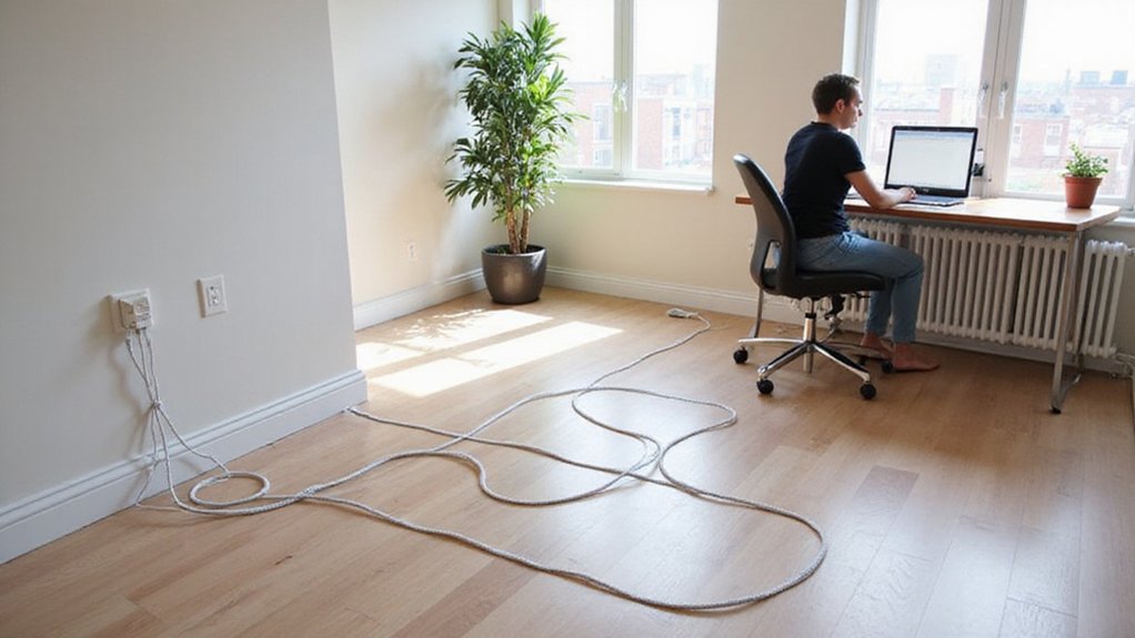 A realistic image of a home office with cord covers neatly hiding floor cables. The covers match the floor color, running along baseboards from a desk to wall outlets. A person is working at the desk with no visible cable clutter. Clean, organized workspace with natural lighting. 