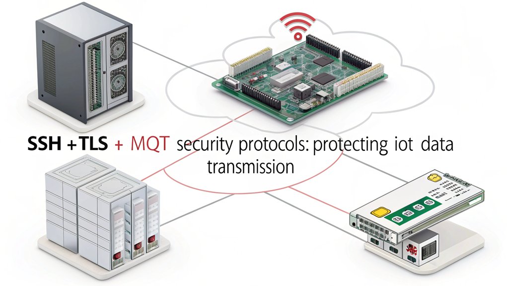 A realistic image of using a Raspberry Pi for IoT Security. It is connected to IoT sensors in a secure server room with encryption visualized as a protective shield around data packets traveling between devices. Network cables connect to enterprise-grade firewall. Clean workspace shows technical diagrams of security protocols.