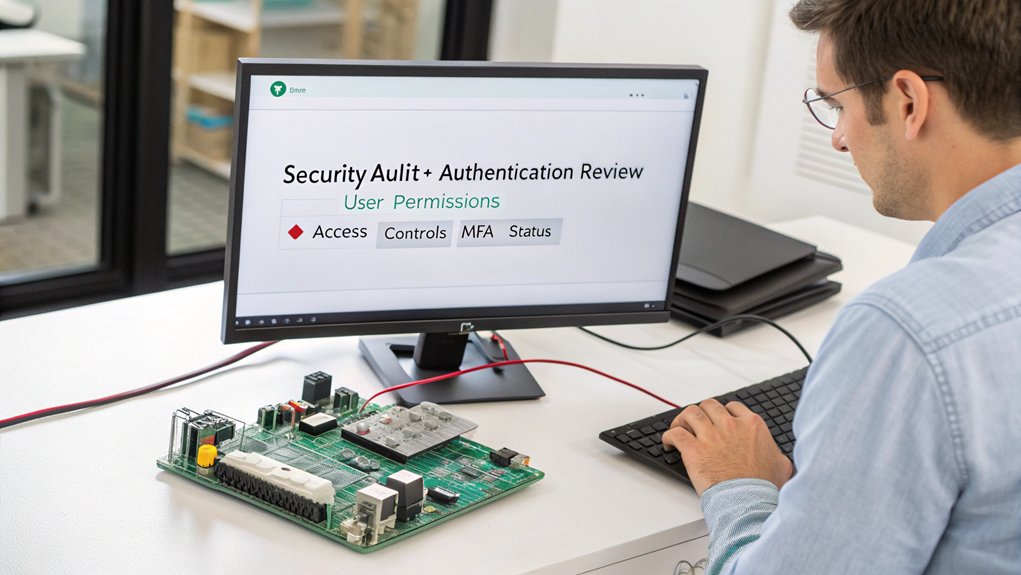 A realistic image of a Raspberry Pi connected to a monitor displaying a security audit dashboard focused on authentication. A security professional is using a digital password manager while reviewing access logs. The system shows multi-factor authentication setup screens and user permission levels.