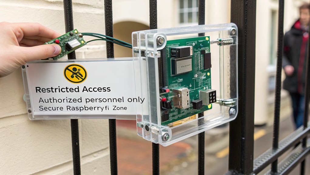 A realistic image showing a secure Raspberry Pi device securely mounted inside a transparent lockable case with limited physical access points. The case has visible security screws and is attached to a fixed surface. A person with a security badge is accessing it properly using a special key. 