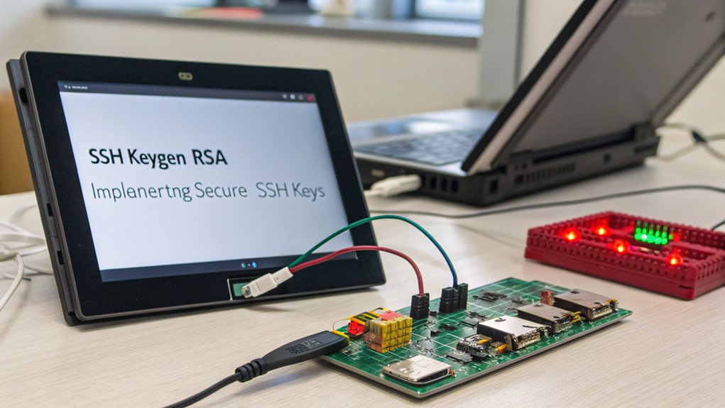 A realistic image of a Raspberry Pi setup with SSH keys being implemented. A computer monitor displays terminal commands for SSH key generation and a secure Raspberry Pi is connected nearby with glowing status LEDs. The setup appears secure with code visible on screen.