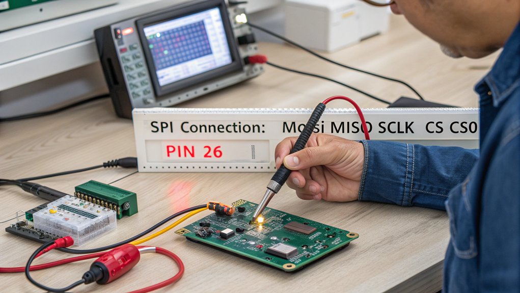 A realistic image showing a person connecting SPI devices to a Raspberry Pi 4 on a workbench. Close-up view of MOSI, MISO, SCLK, and CS pins being connected with jumper wires to an LCD display and RFID module. Strong lighting reveals cable details and pin connections.