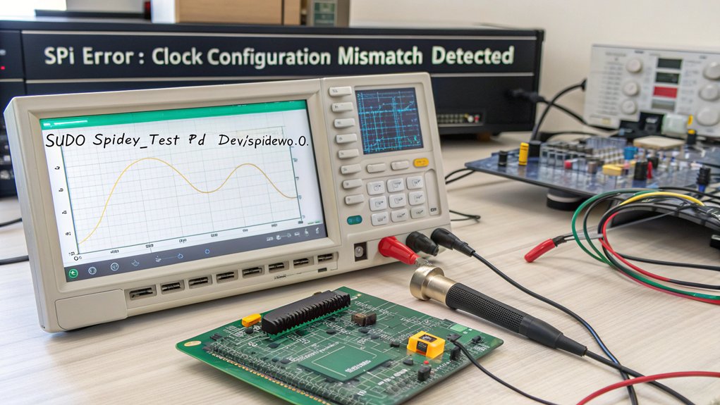A realistic image of an engineer troubleshooting SPI communication on a Raspberry Pi, using oscilloscope probes connected to GPIO pins. The workbench shows terminal windows displaying SPI traffic analysis and error messages. Tools like logic analyzers and multimeters surround the setup.