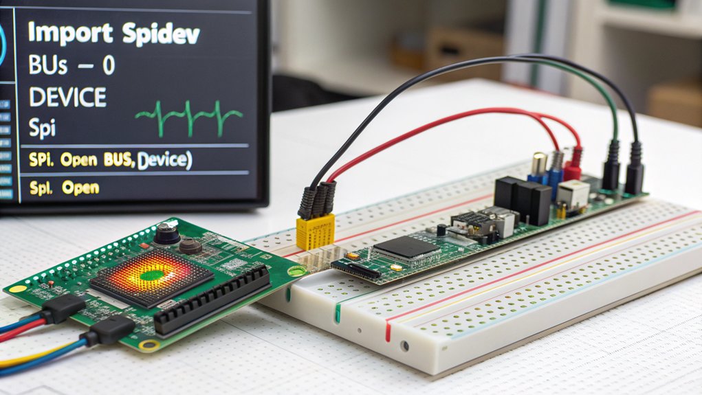 A realistic image of a Raspberry Pi connected to a breadboard with SPI devices (sensors, displays). Python code visible on a monitor showing SPI communication libraries. Components include colorful wires, MCP3008 ADC chip, and an OLED display showing data visualization. Warm lighting highlights the complete working setup.