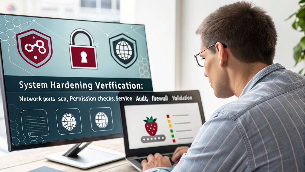 A realistic image depicting a cybersecurity expert conducting a Raspberry Pi security audit, verifying system hardening using a terminal window showing commands like netstat, firewall rules, and vulnerability scanning outputs. The workstation includes security checklists, lock icons, and shield graphics representing protection. 