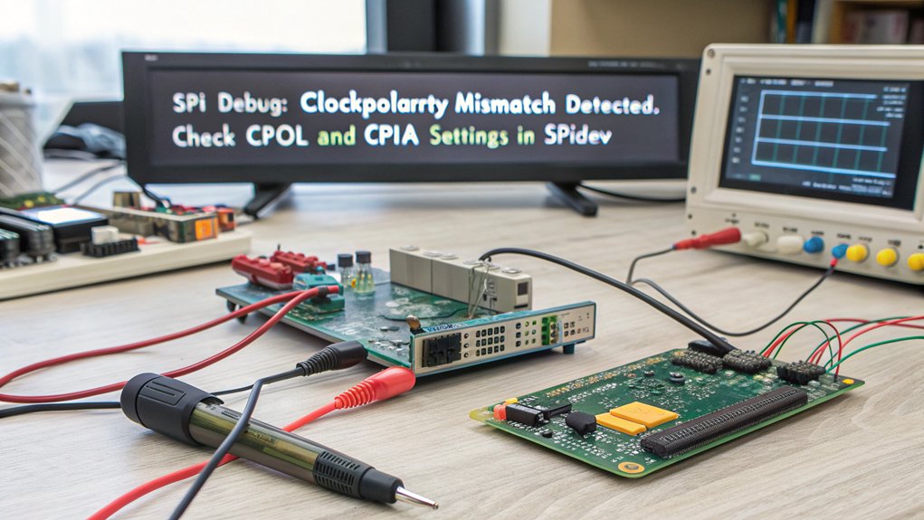 A realistic image of an electronics workbench showing a Raspberry Pi connected to an SSD1306 OLED display via SPI wires, with Python code visible on a monitor displaying SPI communication errors. A multimeter is probing connections while oscilloscope shows signal integrity issues.