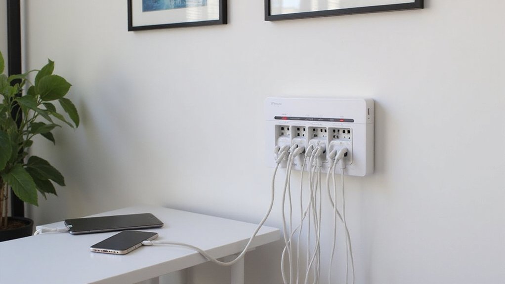 A realistic image of a sleek, wall-mounted cable management system in a modern home office. The unit features integrated charging ports, cable slots with LED indicators, and a minimalist white design that complements contemporary décor. The system appears to be controlled via smartphone app visible on a nearby desk.