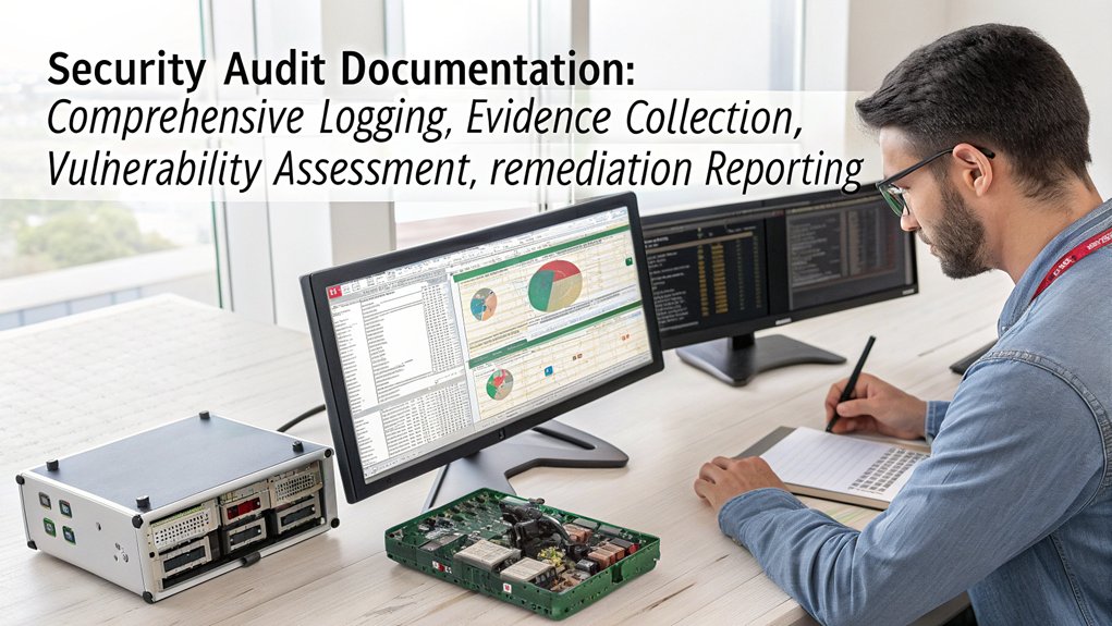 A realistic image of an organized workspace showing a Raspberry Pi device connected to multiple monitors displaying audit logs, network traffic analysis, security reports, and vulnerability documentation. A security professional is taking detailed notes while analyzing data. Clean, professional environment with security tools visible. 