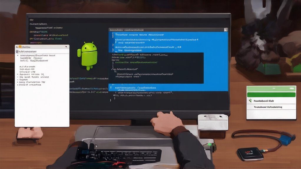 A realistic image showing a frustrated person troubleshooting Android installation on a mini PC, with terminal windows displaying error messages on one screen while viewing a troubleshooting guide on another monitor, surrounded by technical tools and components.