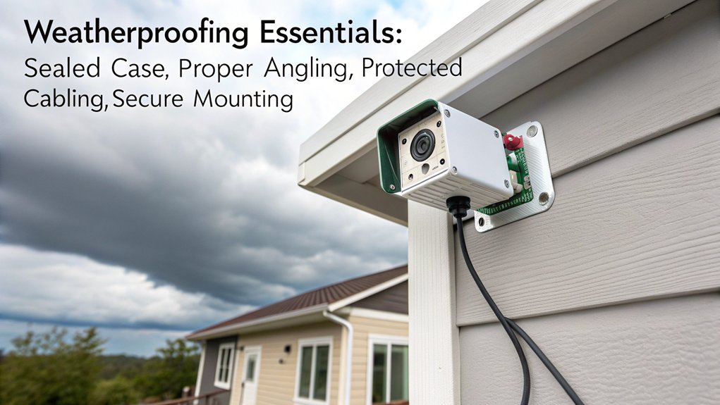 A realistic image showing a Raspberry Pi home security camera in a weatherproof case being mounted on an exterior wall with visible screws and a power cable running through a drilled hole. The camera is angled to capture the front entrance of a house under cloudy skies.