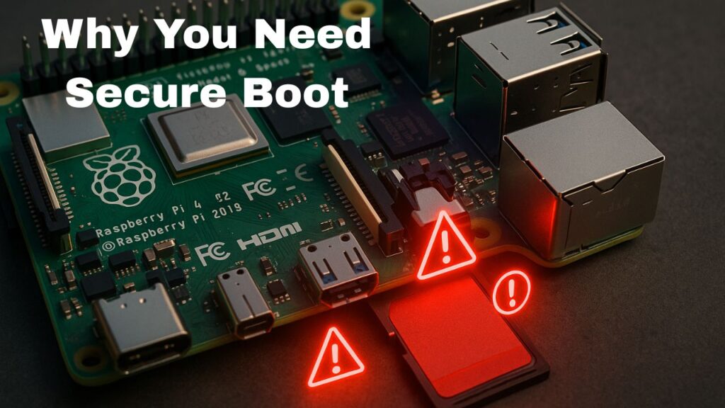 Raspberry Pi 4 with exposed SD card illustrating the vulnerable process of secure boot for Raspberry Pi