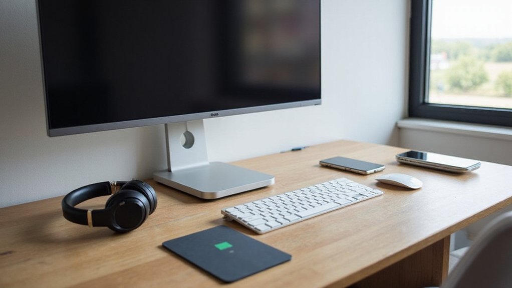 A realistic image of a sleek, minimalist home office with wireless keyboard, mouse, headphones, and charging pad on an uncluttered wooden desk. The wall-mounted monitor has no visible cables, and a smartphone charges wirelessly. Natural light streams through a nearby window.