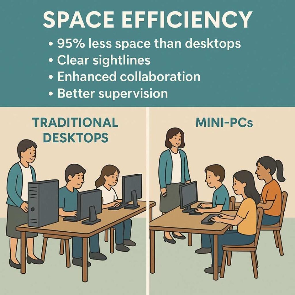 An infographic showing how mini-PCs create space-efficient learning environments in schools. Illustrate a side-by-side comparison of traditional computer setups versus mini-PC setups, highlighting the 95% space reduction, clear desk visibility, improved collaboration, and easier teacher supervision benefits.