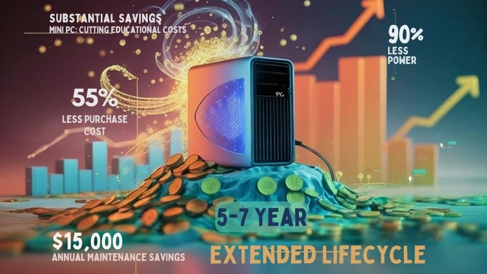 An infographic showing cost savings supporting why schools should use mini PCs. Feature low upfront costs (55% less than desktops), energy efficiency (90% less power), maintenance savings ($15,000 annually for 100 units), and extended lifecycle (5-7 years). Include a bar chart comparing costs and an ROI timeline.