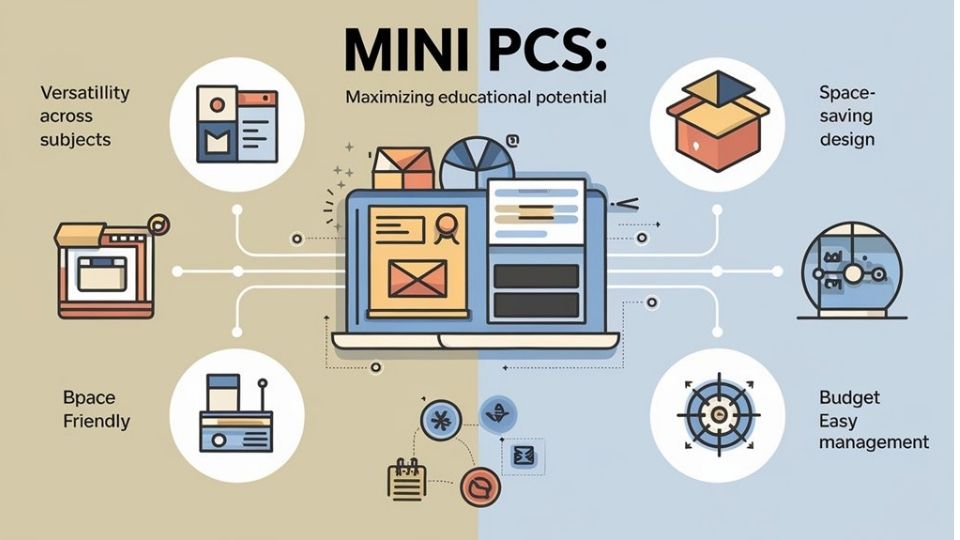 An infographic showing how mini PCs enhance education with 4 key benefits: versatility across subjects, space-saving design, cost-effectiveness, and simplified IT management. Use icons, educational imagery, and a clean layout with connected elements.